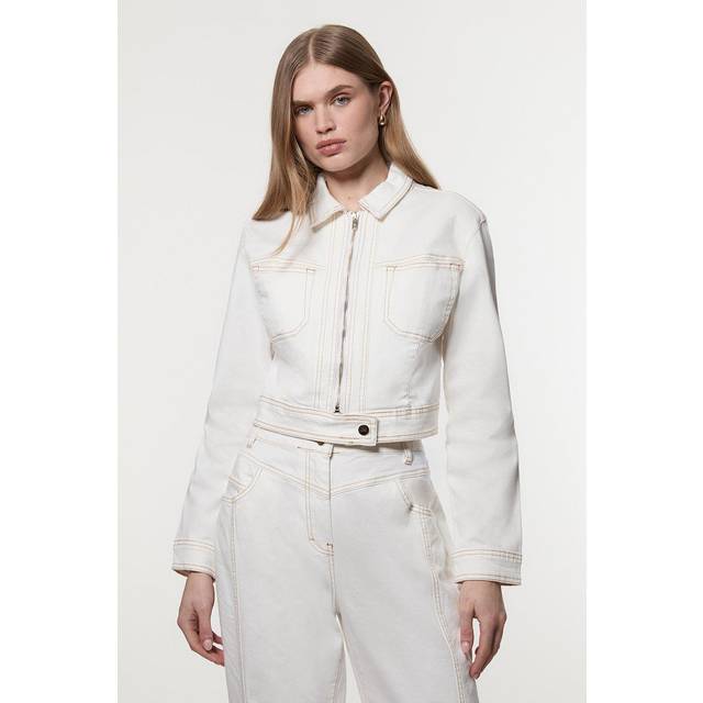 Indigo Denim Contrast Stitch Detail Zip Through Jacket - Ivory