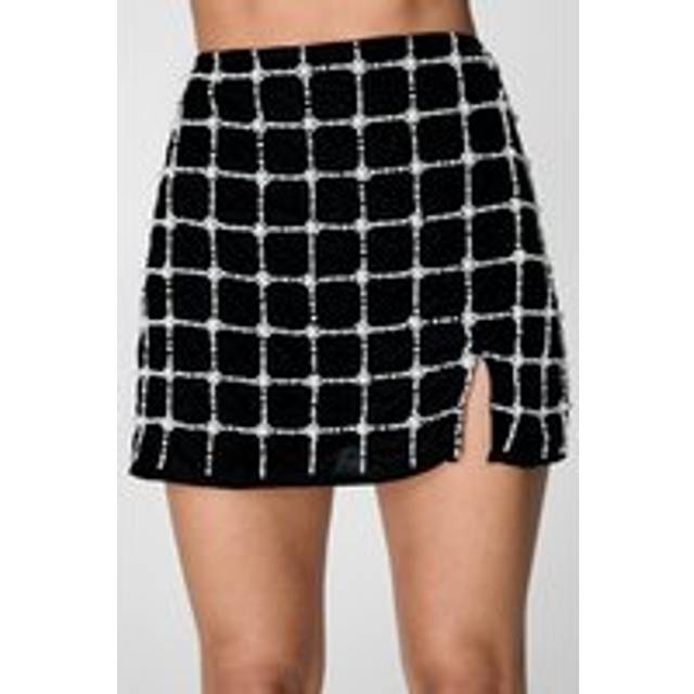Womens Pearl Embellished Velvet Side Split Mini Skirt - Black - 8