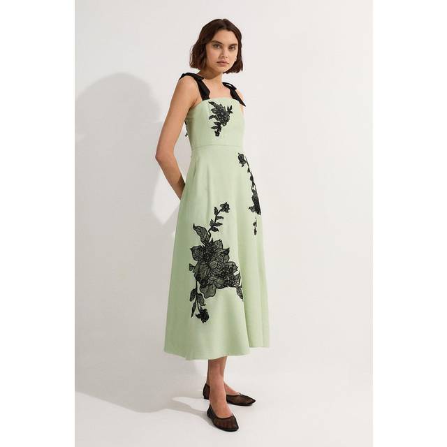 Viscose Linen Placed Floral Lace Embroidered Strappy Midi Dress - Sage