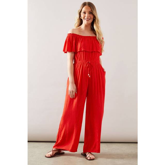 Womens Off Shoulder Jumpsuit - Coral - L