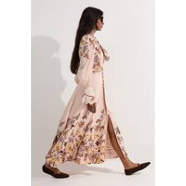 Voile Floral Border Print Woven Maxi Dress With Ladder Lace Trim - Nude