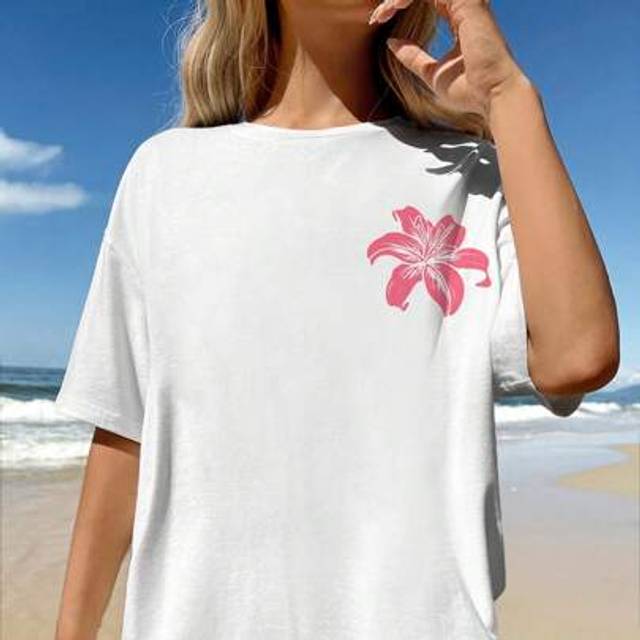 SHEIN Oversized Casual Summer Beach-Themed Pink Starfish & Hibiscus Grid Letter Print Round Neck Short Sleeve T-Shirt, Loose Fit For Women, Suitable For Vac