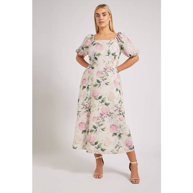 Yours London Curve Ivory White Floral Print Linen Look Midaxi Dress, Women's Curve & Plus Size, Yours London - 24