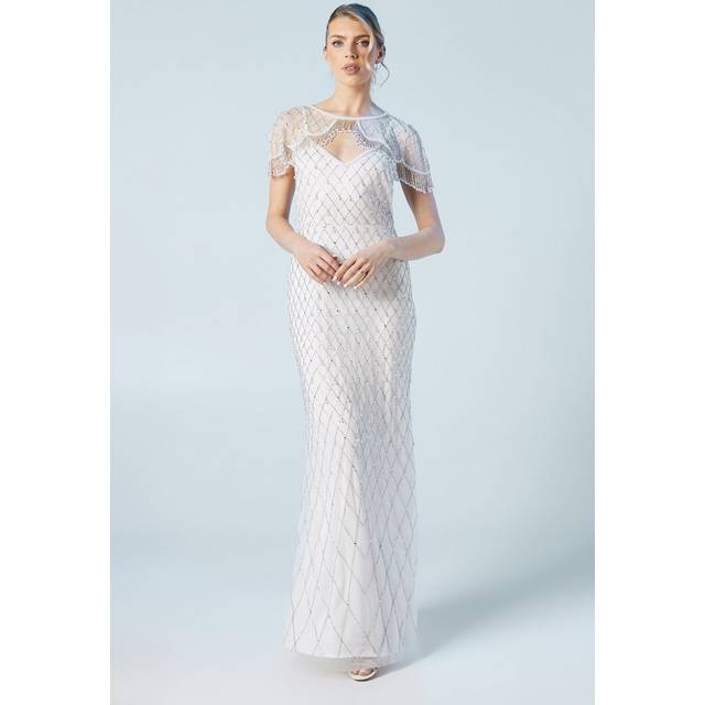 Art Deco Embellished Cami Wedding Dress With Detachable Cape - Ivory - 10