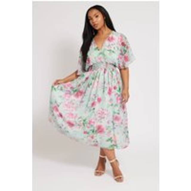 Yours London Curve Light Blue Floral Metallic Shirred Dress, Women's Curve & Plus Size, Yours London - 26-28