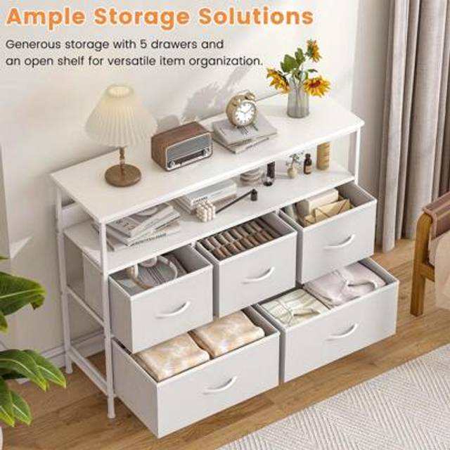 SHEIN Dresser With 5 Drawers TV Stand, Chest Of Drawers Bedroom, Console Table With Open Shelve For TV, Storage Drawer Unit With Metal Frame And Wooden MDF
