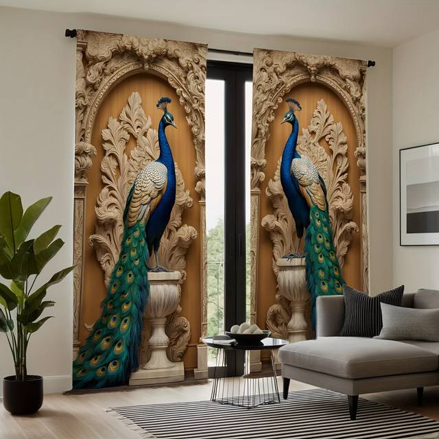 TEMU Peacock Print Decorative Curtains - 2 Panels, Flannel Twill Weave, Machine Washable, Semi-sheer Polyester, Animal Themed For Bedroom - , Rod Pocket Hanging, Unlined