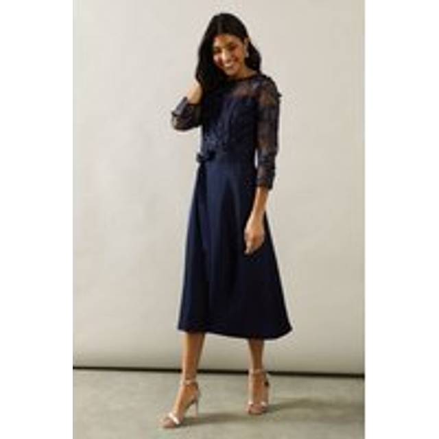Womens Occasion Satin And Mesh Overlay Fit And Flare Dress - Navy - 16