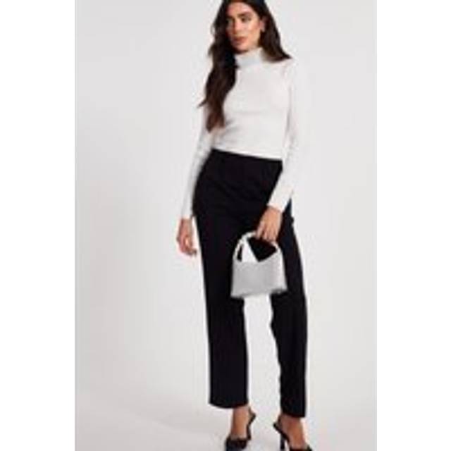 Quiz Women's Off White Ribbed Diamanté Neck Long Sleeve Top New Look - M