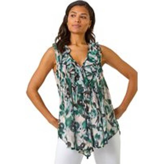 Abstract Ruffle Front Buttoned Blouse - Green - 18
