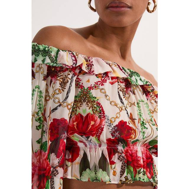 Beach Viscose Georgette Mirrored Rose Print Woven Bardot Top