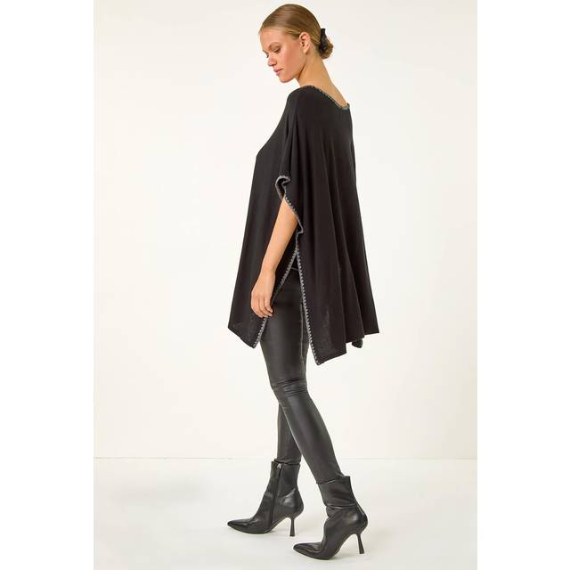 Roman Black Blanket Stitch Knit Poncho - Size S-M