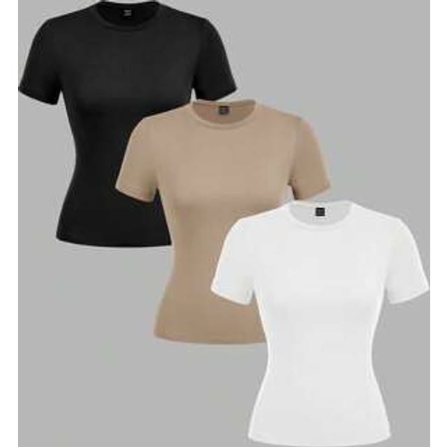 SHEIN 3pcs/Set Women Crew Neck Casual Fitted Long Sleeve T-Shirt Set, Black/White/Khaki, Suitable For Summer