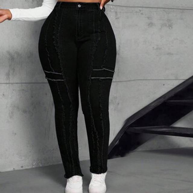 SHEIN Plus Size High Waisted Stretchy Denim Skinny Jeans With Raw Hem Panels