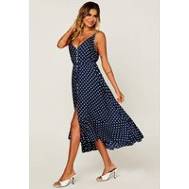 Button Down High Low Strappy Dress In Navy & White Polka Dot