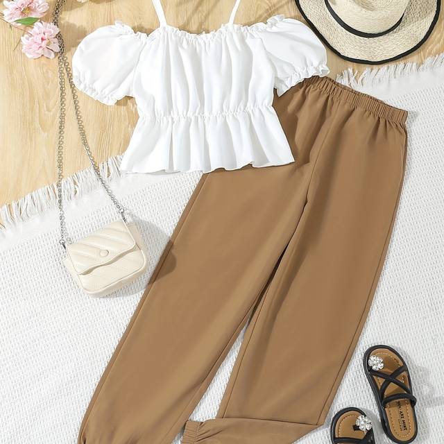 TEMU 2pcs, Off-shoulder Blouse + Solid Pants Teen Girls Outfit 1 Set - Ideal For Summer & Casual Outdoor Activities