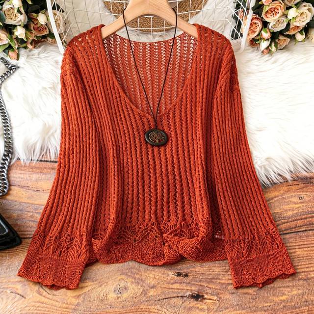 TEMU Women's Boho-chic Brown Knit Cardigan With Large Buttons, Hollow-out Design, And Polished Finish - Spring/summer Vacations, Loose Fit, Long Sleeve Pullover Sweate