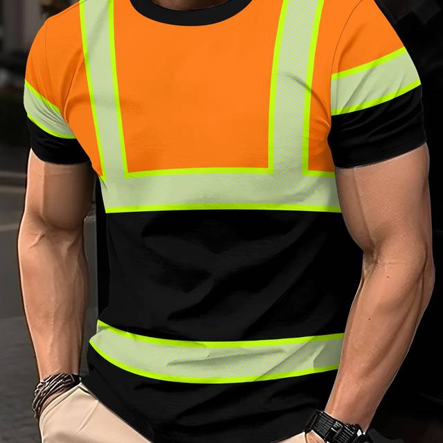 TEMU Men's Casual Summer Workwear T-shirt - , Breathable Short Sleeve Round Neck Tee, Machine Washable For Outdoor & Casual Wear