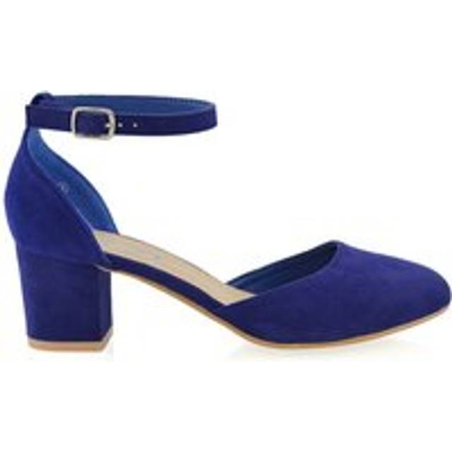 'Billie-May' Chunky Strappy Mid Block High Heels Court Shoes - Navy - 4