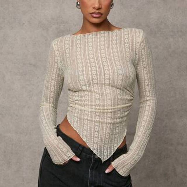 1 st, blommig spets, rund halsad, långärmad blus med asymmetrisk fåll - Aprikos (L,M,S,XL,XS,XXL,XXS,XXXL,XXXXL)