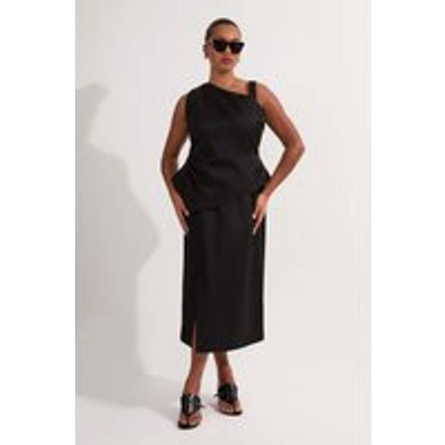 Plus Size Premium Viscose Linen Asymmetric Neck Tailored Pencil Maxi Dress - Black