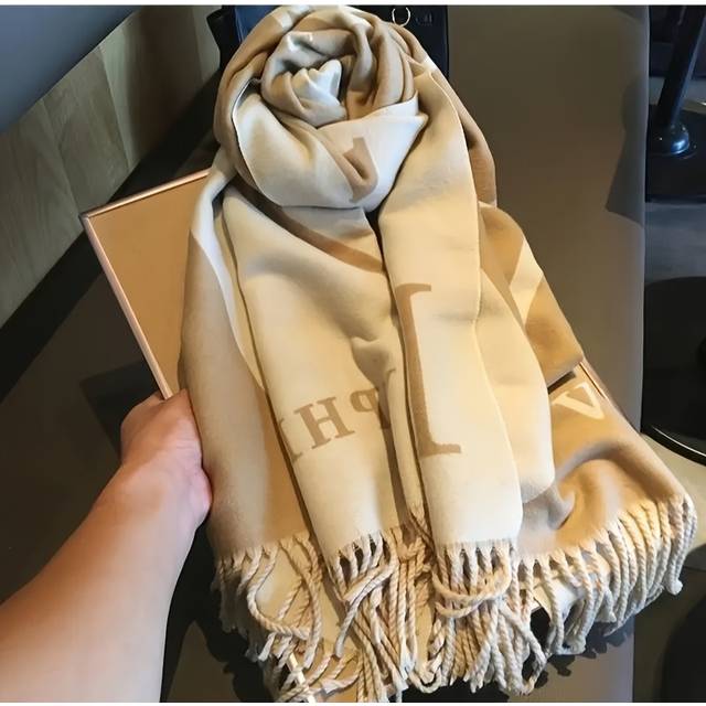 TEMU Elegant Reversible Thick Scarf For Women - Warm & Soft Polyester Shawl With Fringe, Beige & Brown Striped Design, Layering In Fall & Winter