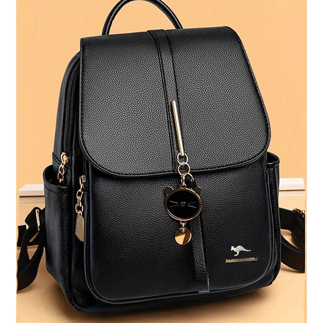TEMU Amandlaise Women' Retro Large Capacity Synthetic Leather Backpack With Dual-sided Zipper, Metal Clasp & Cat Charm - Black, School, Shopping & Everyday Use, Backpack For Travel