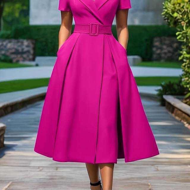 TEMU Women's Elegant Fuchsia A-line Dress With Short Sleeves, Belted Waist, And Black Strappy Heels - Summer Commute And Casual Events, Casual Attire|elegant Aline Dress| Shoulders, Plus Size Dress