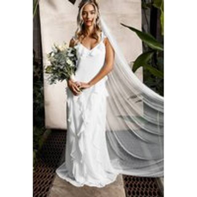 Flutter Sleeve Ruffle Detail Chiffon Bridal Maxi Dress - Ivory - 12