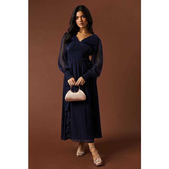 Oasis Womens Midaxi Dress Navy Ruffle Detail Shirred Waist Voluminous Sleeves