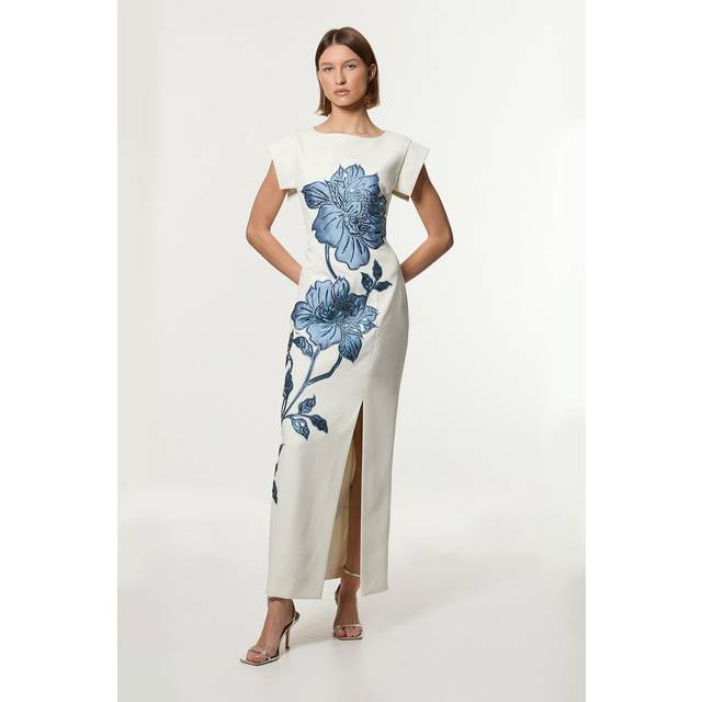 Tailored Applique Satin Beaded Maxi Dress - Ivory