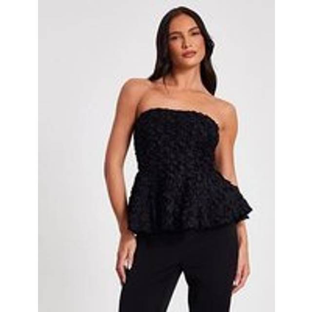 Black Floral Textured Peplum Top - 10