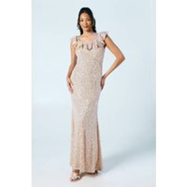 Flutter Neckline Sequin Bridesmaids Maxi Dress - Pink - 12