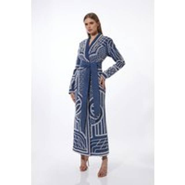 Pearl Embellished Woven Denim Maxi Blazer Dress - Blue