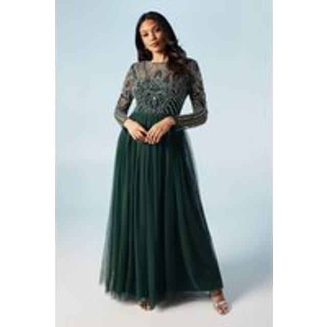 Pearl and Bead Embellished Long Sleeve Tulle Bridesmaids Dress - Green - 10