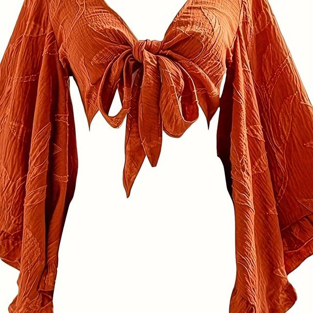 TEMU Textured Tie Front Blouse, Sexy Long Sleeve Blouse For , Women's Clothing