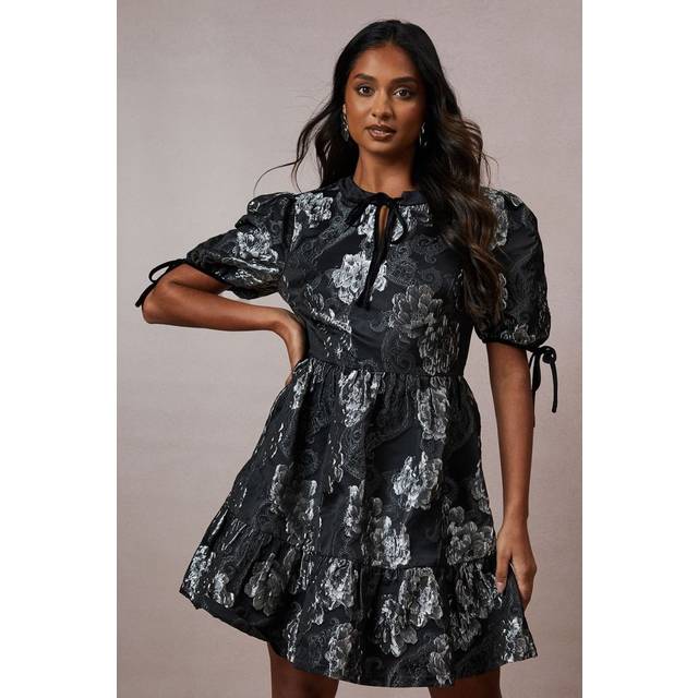 Oasis Womens Occasion Metallic Jacquard Velvet Trim Smock Dress - Silver - Size 10 UK