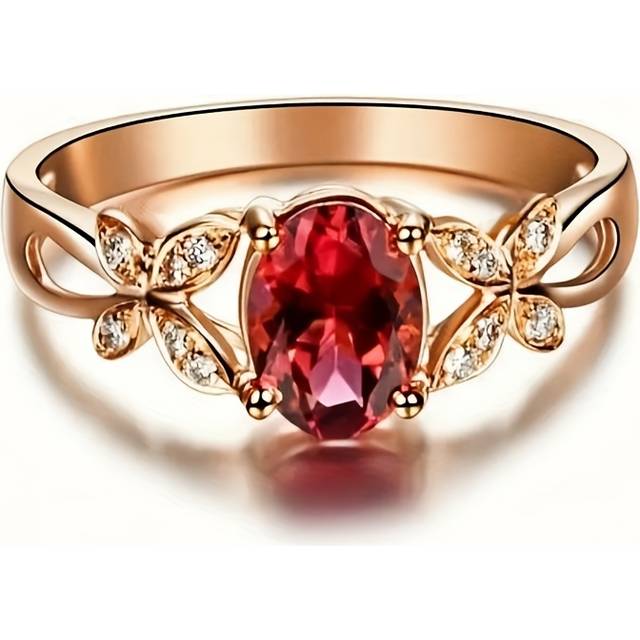 TEMU Elegant 14k Gold-plated Oval Red Cubic Zirconia Engagement Ring - Luxurious Bridal & Party Accessory, High-end Jewelry Gift For , Weddings And Special Occasions