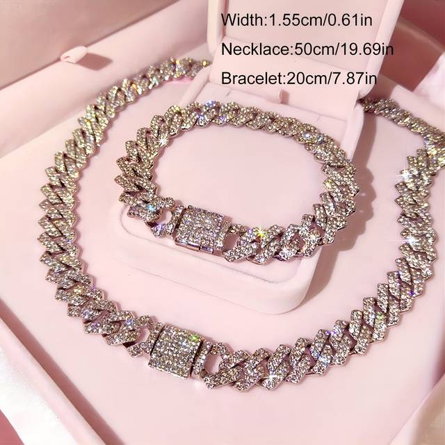 TEMU 2pcs Shiny Hip Hop Ice Cuban Chain 15.5mm Wide Pave Rhinestone Necklace, Punk Geometric Jewelry, Trendy Men's Suit Accessories, New Year Gift, Valentine's Day Gift