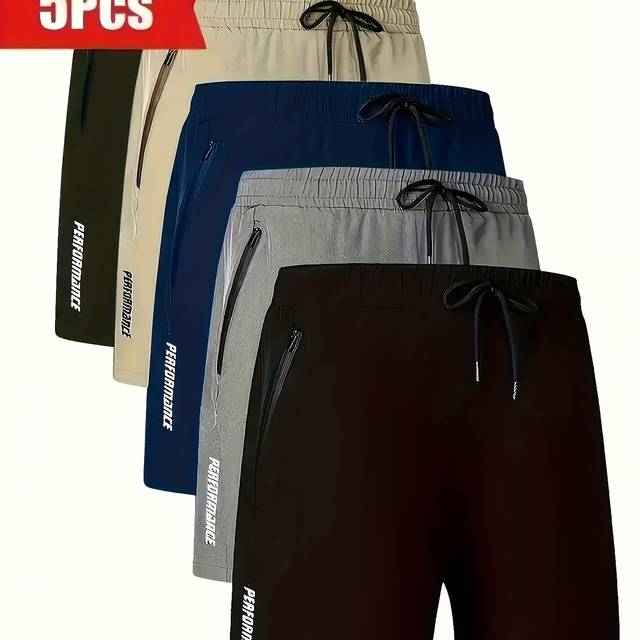 TEMU 5pcs Men's Athletic Shorts - Breathable Polyester, Elastic Waistband With Drawstrings, Side Pockets, Summer Casual & Sportswear (green, Blue, Navy, Black, Dark Gray)