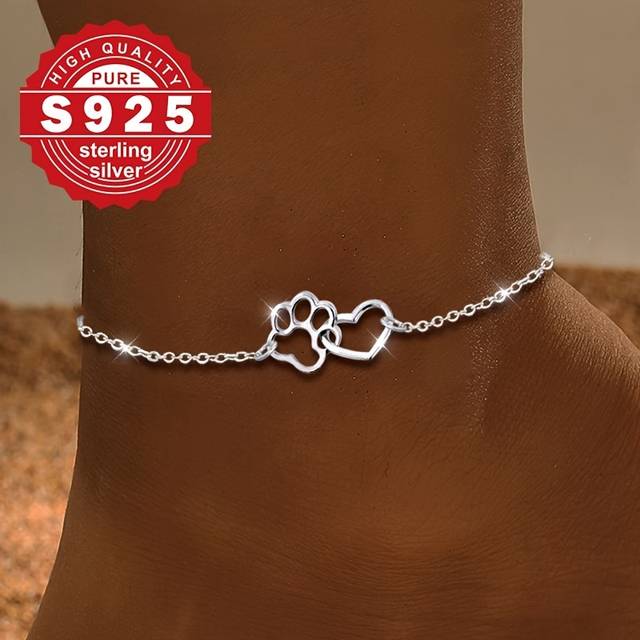 TEMU Women's Anklet, S925 Sterling Silvery Foot Chain With Heart Stitching Design, Unique Personality, Suitable For Gifting, Beach, Vacation, And Casual Attire, Hypoallergenic