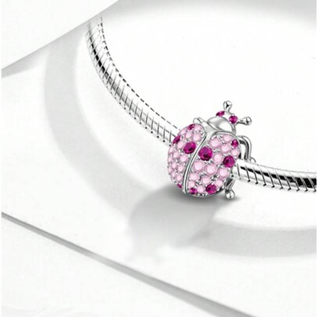 SHEIN 1 PC 925 Sterling Silver Pink Ladybird With Diamonds Pendant Diamond Set Pendant Charm Pendant Ball Suitable For Bracelets DIY Women&#39;s Jewelry