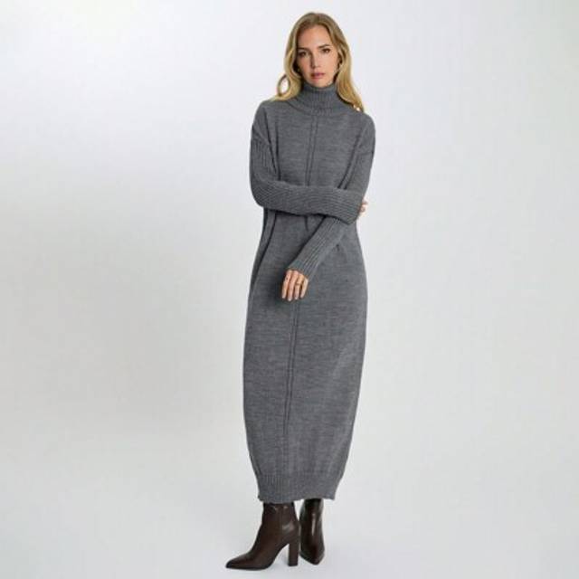Kvinnor med hög halsad Batwing ärm Jumper lång stickad klänning - Grå (Tall S,Tall M,Tall L,Tall XL)