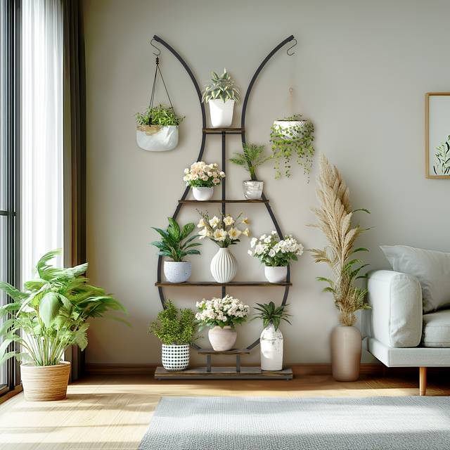 TEMU Vase-shape Plant Stand Metal Frame Indoor 5 Tiered Tall Plant Shelf With Hanging Hook Multiple Planter Display Rack For Room Balcony Decor