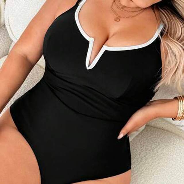 Plus Size Dam Solo Solid Black Justerbara remmar Beachwear One Piece Baddräkt - Svart (US22,US24,US26,US28,US30)