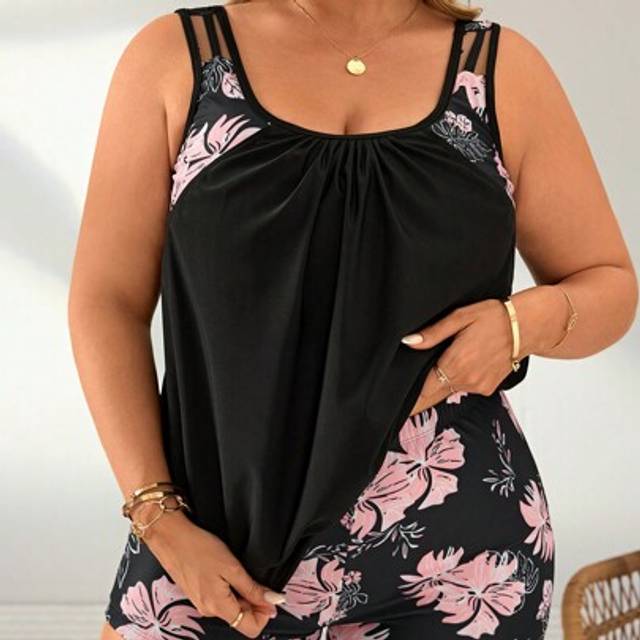Swim Lushoire Summer 2pcs/Set Plus Size Women Tropical Floral Print Backless Tank Tankini Set, Slimming And Casual For Beach