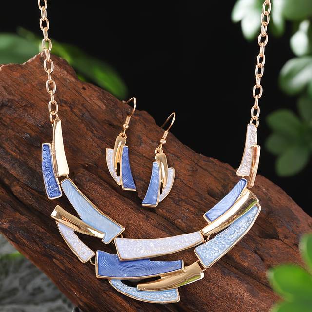 TEMU 1 Pair Earrings 1 Necklace Alloy Colorful Enamel Irregular Geometry Jewelry Sets Women Party Banquet Accessories