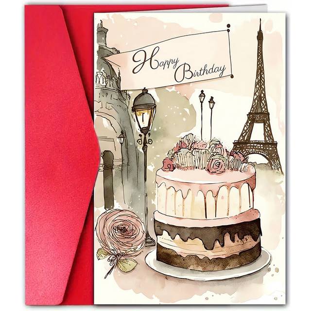 TEMU An Elegant French Birthday Card With An Envelope, Featuring A Romantic Design Of The , Made Of High-quality Paper, Suitable For Anyone, With Illustrations Of Cakes For .