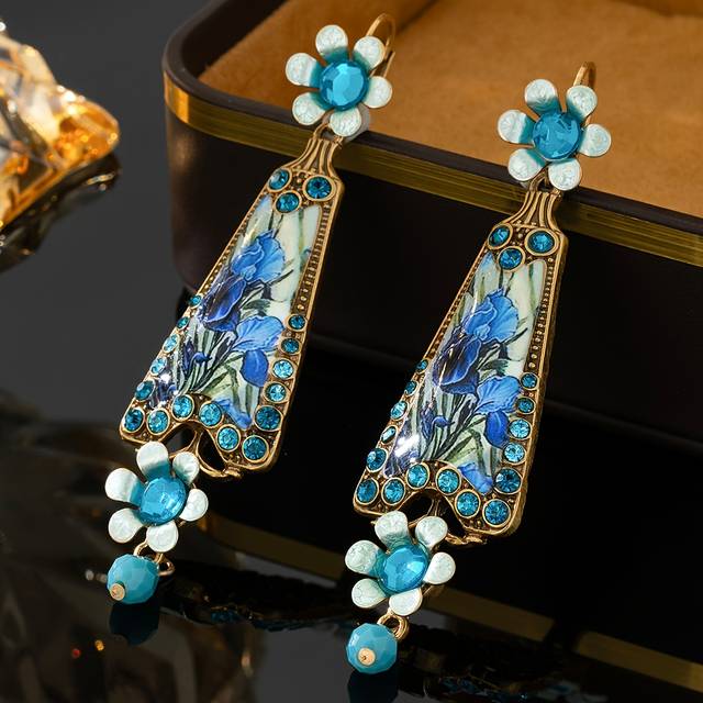TEMU Vintage Elegant Handcrafted Glass Mosaic Copper Alloy Earrings With 925 Sterling Silver Posts, Fashionable Daily & Vacation Accessory For All