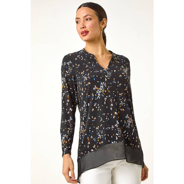 Roman Black Abstract Print V-Neck Tunic Top - Size 10